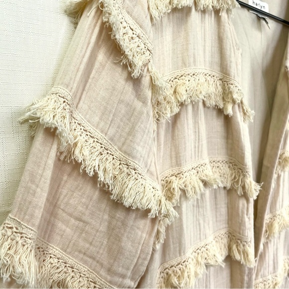 HARLYN by Anthro Boho Duster Jacket Cream Size M Bohemian Festival Lace Fringe - Picture 3 of 11